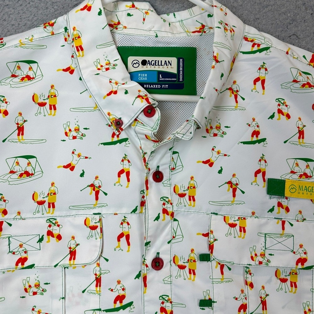 Magellan Outdoors Shirt Mens Large Fish Gear White Lucha Libre Button Down EUC - Picture 4 of 9